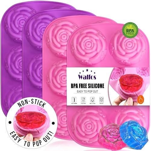Walfos Silicone Rose Mold-4pcs Rose Ice Cube Mold,BPA Free and Easy to Pop Out.Soup Mold Non Stick.Suitable for Handmade Soap Cocktail Juice Jelly and Chocolate.Dishwasher Safe.(Set of 4,Pink+Purple)