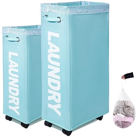 Caroeas 70L Rolling Slim Laundry Basket with wheels, Collapsible Laundry hamper on Wheels Tall Thin Narrow Foldable Storage Bins for Corner