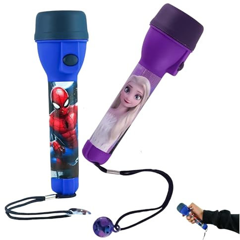 2x Outdoor Adventure Torches for Kids, Fun Plastic Spiderman and Frozen LED Torch, Flashlight for Christmas and Emergency Use | Luminous Range: 3.5 Meter, 2x 1.5V AA Batteries (Includes), Size 16cm