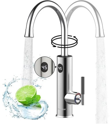 ESOP Wasserhahn mit Durchlauferhitzer, 3200W, Armatur mit integriertem Durchlauferhitzer, Edelstahl Elektrische Heizung Wasserhahn, 360° Drehbar, LCD Temperaturanzeige, Wasserhahn KüChe Silber