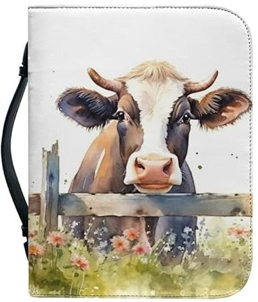 Kuiaobaty Buchumschlag mit Griff, Aquarell-Kuh-Druck, Buchtasche, Reißverschluss, Kunstleder, Buchhülle für Buchliebhaber