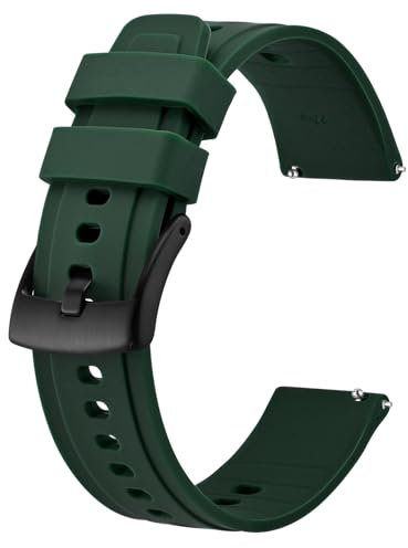 BISONSTRAP Flexibles Uhrenarmband 20mm Silikon, Uhrenarmbänder für Herren und Damen, Schnellverschluss Ersatzbänder Armband, Dunkelgrün mit Schwarzer Schnalle