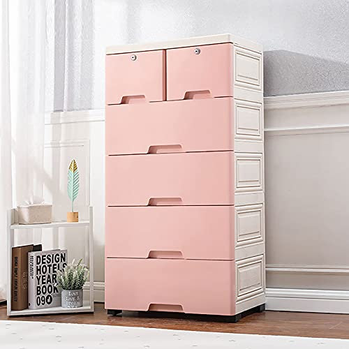 Commode de rangement sur pied, en plastique, table de chevet, étagère, tour de tiroir, armoire de salle de bain, armoire de rangement, commode de chevet, 6 tiroirs, avec 4 roues, rose