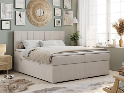 MKS MEBLE Boxspringbett 200x200 Mit 2 Bettkästen, Polsterbett Mit Matratze H3 Topper, Bett Mit Kopfteil - Beige Strukture - H3 - Ally
