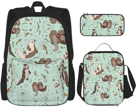 NEZIH Otter-Druck-Rucksack-Set, Schul-Büchertasche mit Lunchtasche, Federmäppchen, Kombination, Schultaschen-Set