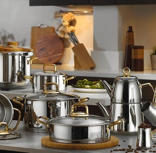 Batterie de cuisine en acier inoxydable – Batterie de cuisine Kütahya Porselen Nil – Ensemble de casseroles de cuisine avec manche doré - 18 pièces