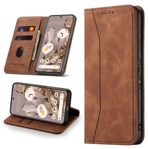 Leaisan Handyhülle für Google Pixel 8 Pro Hülle Premium Leder Flip Klappbare Stoßfeste Magnetische [Standfunktion] [Kartenfächern] Schutzhülle für Google Pixel 8 Pro Tasche - Braun