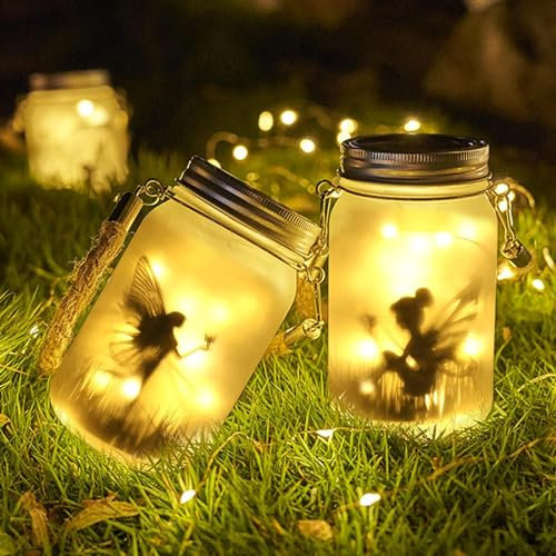 Schmetterlingsfee Solarglas, 2 Stück Hängend Solar Laterne Lichter Für Außen, Solarlaternen für Draußen Garten, Wasserdicht Gartenleuchte Für Drauße für Zuhause Party Garten (Warme)