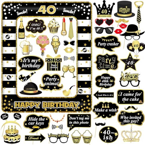 ZYKORT 53 Pezzi 40 Anni Photo Booth Compleanno Kit, Gadget Compleanno con Cornice Gonfiabile per Selfie, Foto Props Fai da Te Accessori per Festa Compleanno 40 Anni