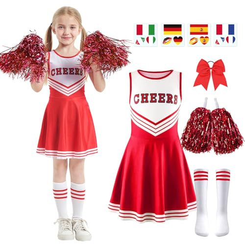 5er Set Cheerleader Kostüm Kinder,Cheerleading Uniform Kleid,Cheerleadering Outfit Mädchen mit Pompoms,Socken,Tattoo-Aufkleber und Kopfschmuck,Kinder Cheerleadering für Karneval Party (Rot, S,120)