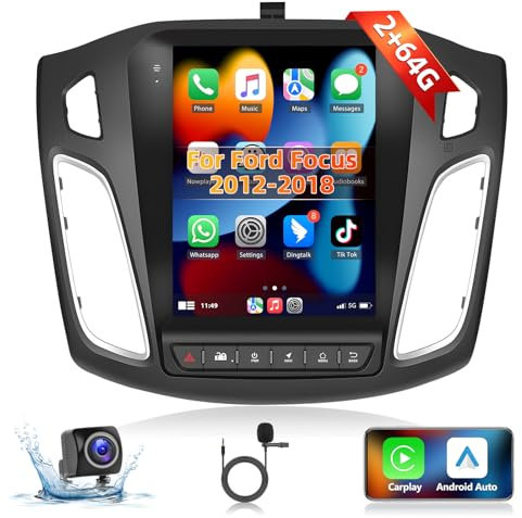 Podofo 2+64G Autoradio per Ford Focus 2012-2018 con Wireless Carplay, Radio Android 13 da 9,7 Pollici con Schermo Verticale, Bluetooth, Android Auto, WiFi + Telecamera Posteriore e Microfono