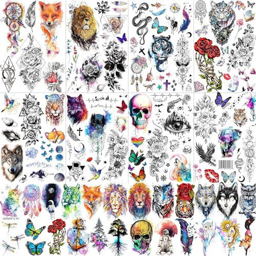 CHIZIRU 32 Blätter 97+ Aquarell Tiere Tiger Schädel Löwe Temporäre Tattoos Damen Mädchen, Klebetattoos Erwachsene 3D Fake Tattoos zum aufkleben Frauen Bunt Farbe, Rose Blume Klebe Tattoo Wolf Kinder