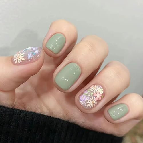 24 Stück Press on Nails Kurz, Eckig Nägel zum Aufkleben Garten Blumen Full Cover Falsche Nägel, Französische Acryl Künstliche Fingernägel für Frauen Mädchen DIY Maniküre Dekoration