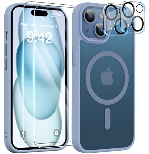 YisrLery 5-in-1 Kompatibel mit iPhone 15 Hülle für Mag Safe mit 2 Stück Schutzfolie und 2 Stück Kameraschutz Militärnorm Schutz, PC Kratzresistente Rückseite Stoßfest Magnetische Hülle(Blau)