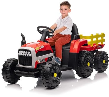 Kinder Elektroauto,12 V Kinder Elektrotraktor,Arbeiter-Elektrotraktor mit Anhänger, Kinderlast 50 kg, Trettraktor mit Fernbedienung, Musik, LED-Lichtern und Hupe (Rot)