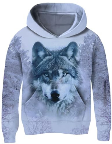 Fanient Pullover Jungen Mädchen Wolf Kapuzenpullover Kinder Fleece Hoodie Sweatshirts mit Taschen 11-13 Jahre,XXL