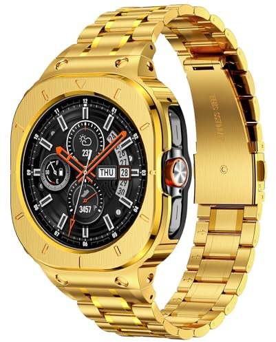Deczone Correa de acero inoxidable con carcasa compatible con Samsung Galaxy Watch Ultra 2/1 47 mm (2025 2024), carcasa resistente de metal para Samsung Galaxy Watch 7 8 Ultra para hombres (dorado)