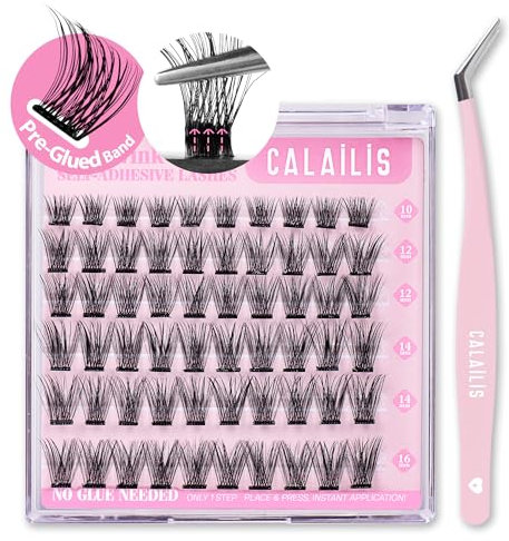 CALAILIS Selbstklebende Wimpern 60 Stück D Curl Druck auf Kein Kleber erforderlich Einzeln Wimpern Vorgeklebt Wiederverwendbares Kleberfreies Wimpern-Cluster-Set mit Pinzette für Anfänger (03,10-16)