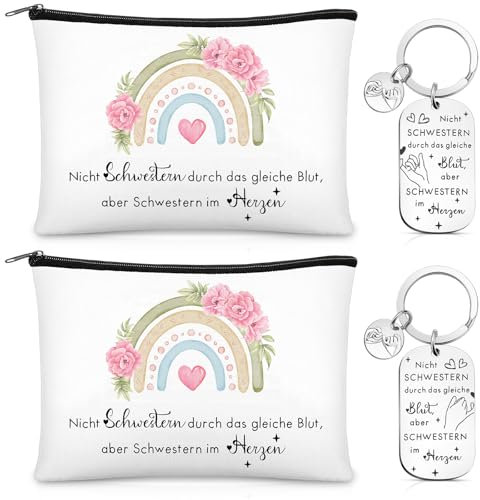 Xuniea 2er Set Beste Freundinnen Geschenk Kosmetiktasche mit Spruch Schwester Schlüsselanhänger mit Herz Gravur Make up Tasche Freundschaftsgeschenk Kleine Geschenkideen für Brautjungfer JGA