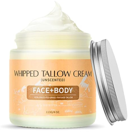 Whipped Beef Tallow Moisturiser, Organic Beef Tallow Balm, Face & Body Cream for Dry Skin, 100% Grass Fed Beef Tallow Skin Care, Unscented Tallow Face Cream for Women/Men, 130g