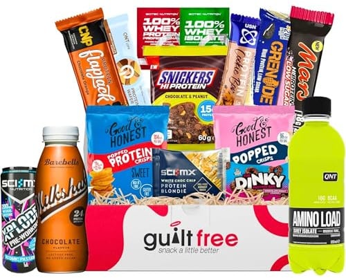 Healthy Snacks Gift Hamper 1.6KG Protein Hamper Gifts for Women and Men Low Calorie Snacks, Protein Bars, Cookies, Drink, Flapjack, Crisps Gym Gift Treat Box High Protein Selection Box by GuiltFree