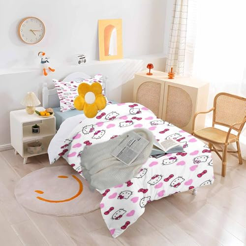 QROXY Hello Kity Bettwäsche Set Bettbezug Mit Reißverschluss 100% Mikrofaser Bettwäsche-Sets Für Junge Mädchen 3D Druck Cartoon Tier Kinderbettwäsche (5,135 x 200 cm)