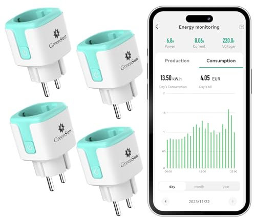 GreenSun Stromzähler für Balkonkraftwerk Wlan Steckdose - Alexa Steckdose Smart Life APP Sprachsteuerung mit Alexa Strommessgerät Smart Home Stromzähler für Steckdose Mini PV 16A 4PC
