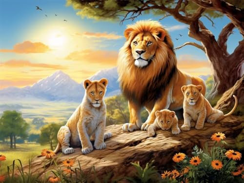 Peinture par Numero Adulte DIY Peinture Numero Adulte Famille de Lions, Paint by Numbers Kit de Peinture à l'huile sur Toile avec Peintures et Pinceaux pour Adultes Cadeaux, Sans Cadre 40x30cm -PT771