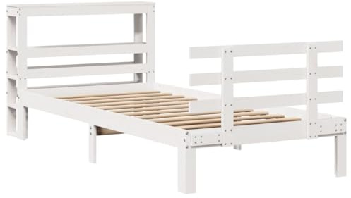 vidaXL Bed Frame with Headboard, Bed Base for Bedroom, Mattress Foundation for Single Bed, Modern Style, White 90x200 cm Solid Wood Pine