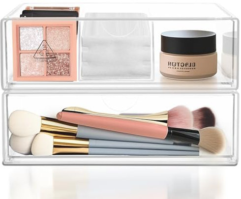 Aerzouser 2 Stück Make Up Organizer Schublade，Mit Herausnehmbarem Fach，Kosmetik Aufbewahrung，Badschrank Organizer，Spiegelschrank Organizer Innen，Geeignet für Frisiertisch, Bad, Wohnzimmer (2 Stück)