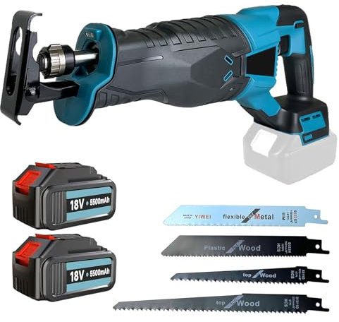 Akku-Säbelsäge, kompatibel mit Makita 18V Akku BL1850b DJR186ZK, mit 2 5,5Ah Akkus,mit 4 Sägeblättern, 3500 U/min, säbelsägen mit variabler Geschwindigkeit zum Schneiden von Holz, Metall und PVC