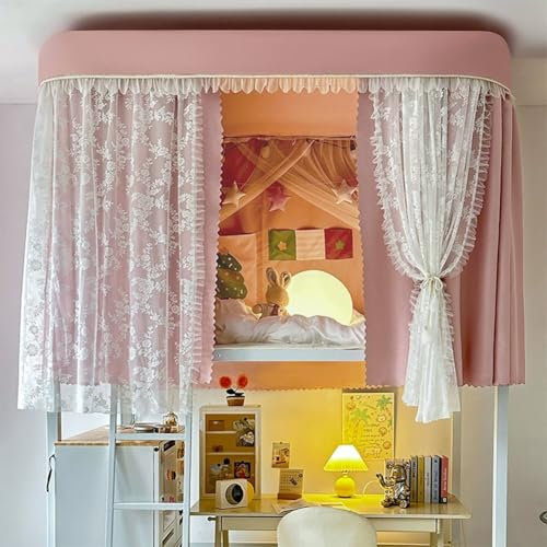 Bunk Twin Size Tents 2025 New Pink Cute Princess Style Lace Dream Tent with Slide Type Retractable Bracket Indoor Sleeping 99% Blackout Privacy Bed Tent Canopy(Beige)