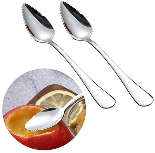 Lot de 2 cuillères à pamplemousse en acier inoxydable avec bord dentelé, poignée épaisse et anti-adhésive, facile à nettoyer, pour kiwi, dessert, pomme, purée de fruits, melon