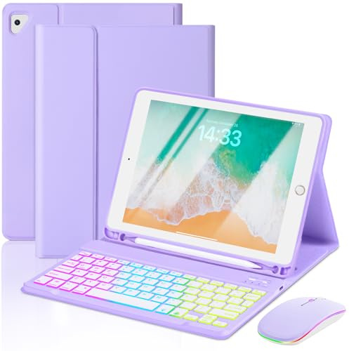 EAMPANG Funda con teclado y mouse para iPad Air 1 2 Pro de 6ª/5ª generación de 9.7 pulgadas, 7 colores de retroiluminación arcoíris, teclado USB-C desmontable, funda magnética con ranura para