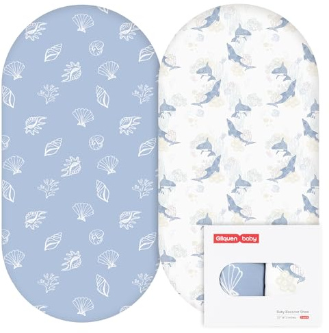 GLLQUEN 2er Pack Spannbettlaken Kinderwagen 81x41 Mikrofaser Öko-Tex Baby | Weicher Matratzenbezug für Beistellbett & Moseskorb, 360° Gummizug gegen Verrutschen(Meer)