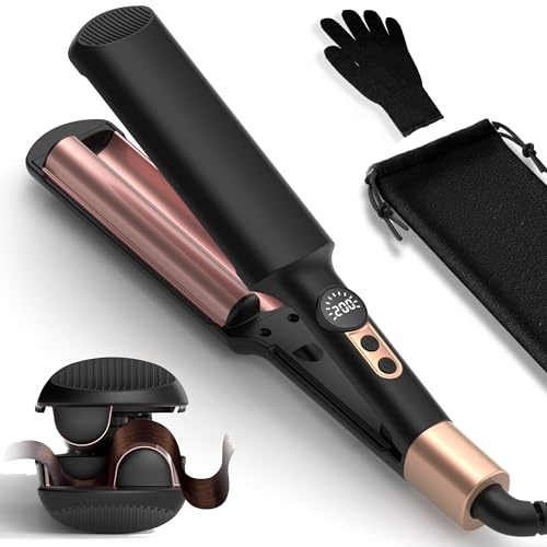 UKLISS Hair Waver Crimper - Pro Mini Beach Waves Curler, LCD-Display [250-400°F], Mermaid Waver for Wavy Hair, Lightweight & Compact Size Wave Curling Iron Crimpers for Women, Dual Voltage (Rose Gold)