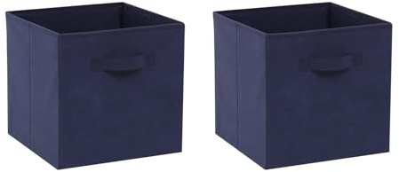 2 PCS Folding Collapsible Storage Cube Boxes with Handle for Kids Toy Clothes, Foldable Canvas Unit Cube Organiser Basket Bin for Nursery Children Bedroom Wardrobe (30*30cm Navy Blue, Pack of 2)
