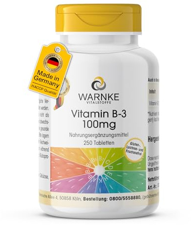 Vitamine B3 100mg - 250 comprimés - 100mg de vitamine B3 niacine par comprimé - Nicotinamide - HAUTEMENT DOSÉ - Qualité pharmaceutique allemande - Vegan | Warnke Vitalstoffe