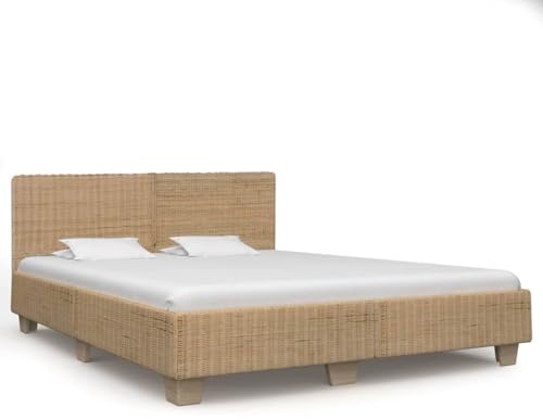 QZZCED Echtes Rattanbett, handgewebt, 180 x 200 cm, mit komfortablem Kopfteil, Massivholzgestell aus Mahagoni, robustes Bettgestell für Schlafzimmer, exotisches Design