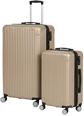 Relaxdays Kofferset, 2-teilig, 2 Größen, 4 Rollen, Hartschale, Teleskopgriff, Reisekoffer mit Zahlenschloss, Champagner