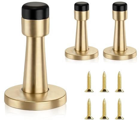 3 Pcs Door Stoppers for Skirtings, Wall Mounted Gold Door Stop | Anti-Collision Rubber, Easy Installation, Reduces Noise, Wall Protector, Hotel & Home Use