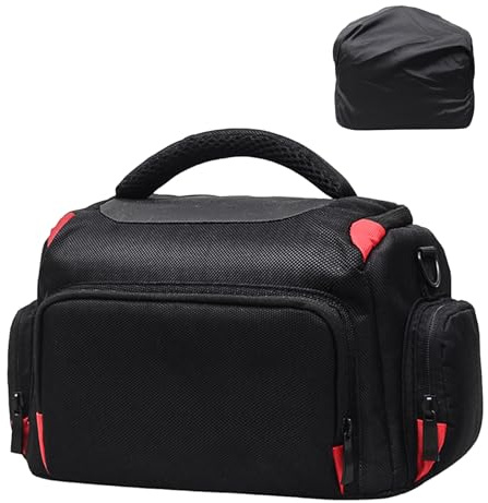 Borsa Fotocamera per Reflex & Mirrorless – impermeabile con copripioggia, divisori regolabili imbottiti, tasche multiple & tracolla – per fotocamera, obiettivi, accessori – viaggio, esterno & quotidia