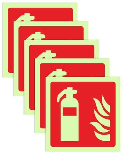 JEXOWIQ 5 piezas Señal Adhesiva de Extintor,feuerlöscher nachleuchten,PVC Fotoluminiscente Cartel de Extintor, Señales de Extintor para Casa, Oficina, Hospital (4 x 4in)