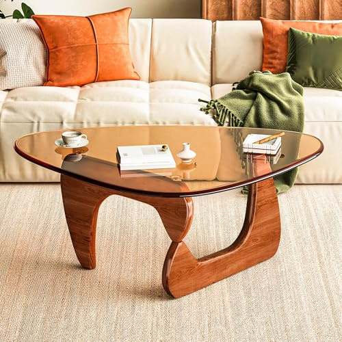 Wumagin Dreieckiger Couchtisch Glas, Modern Wohnzimmertisch, Niedriger, Minimalistischer Teetisch für Terrasse, Büro, Balkon, Schlafzimmer (80 x 58 x 41 cm-Goldbraun)