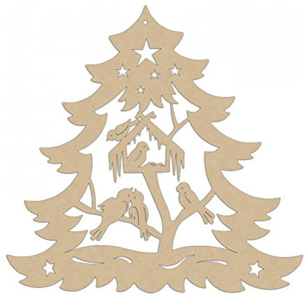 Erzwelt Original Erzgebirge Tanne mit Vögel Vogelhaus Weihnachtsmotiv Deko Fensterbild, Holz, Beige, 27 x 28 x 5 cm