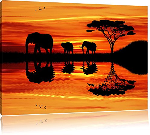 Pixxprint Dark Afrika Elefant in Sonnenschein, Größe: 80x60cm, Leinwandbild, fertig gespannt, Wandbild, Dekoration, Kunstdruck, kein Poster