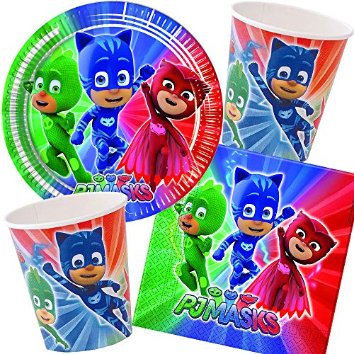 Procos/Carpeta 37-TLG. Party-Set * PJ Masks * für Kindergeburtstag & Mottoparty | mit Teller + Becher + Servietten + Deko | Kinder Motto Pyjama Helden Catboy Gecko