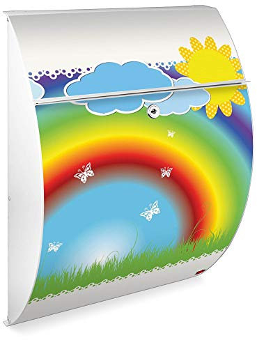 banjado Design Briefkasten - Modell Riviera 46x33,5x13cm groß - verzinkter Stahl weiß - Postkasten Öffnungsstopp großer A4 Einwurf Zylinderschloss 2 Schlüssel - Motiv Regenbogen