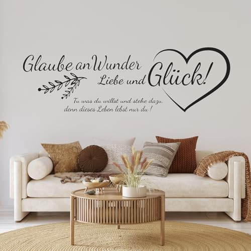 tjapalo® pk229 Spruch Wandtattoo Glaube an Wunder Liebe und Glück wandtattoo wohnzimmer sprüche Wandtattoo zitat Wandsticker Flur und Diele, Farbe: Schwarz, Größe: B140xH44cm