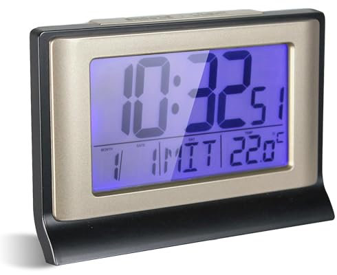 FICHTEC - Digitaler Wecker 13cm Funkgesteuerter Wecker - LCD-Bildschirm mit Blauer Hintergrundbeleuchtung - Große Ziffern - Alarm mit Snooze-Funktion - Temperaturfunktion